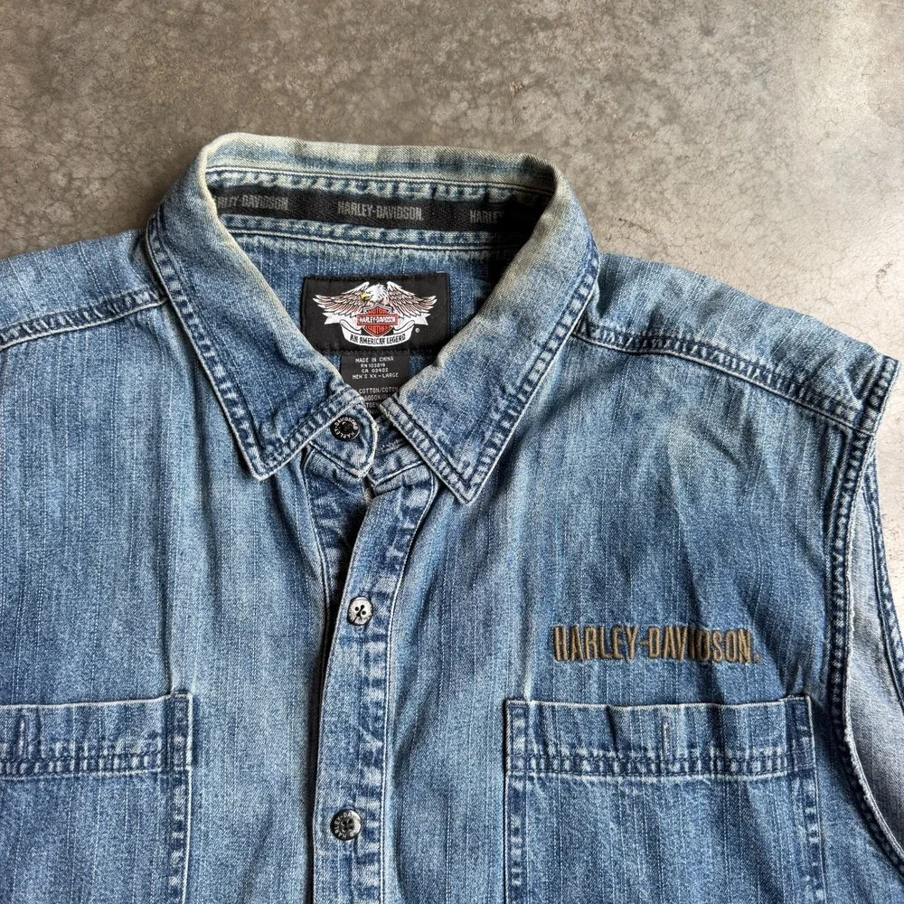 Harley Davidson Embroidered Motorcycle Denim Vest Button Front Mens L Sleeveless